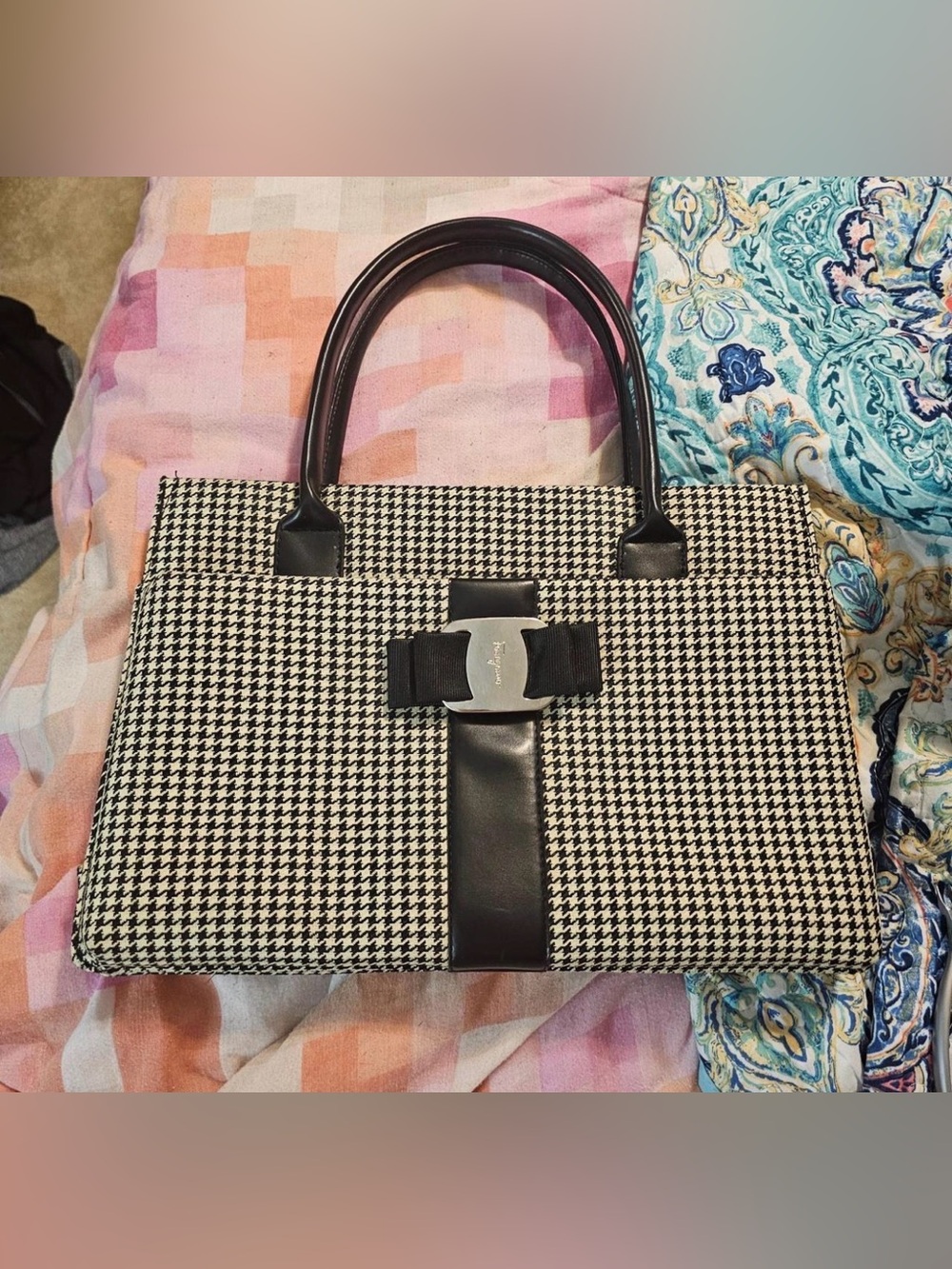 Salvatore Ferragamo Black and White Houndstooth Tote with Bow Accent
